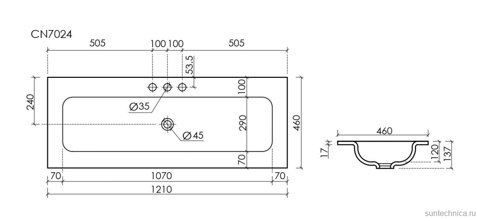 Мебельная раковина Ceramicanova Grace прямоугольная 121см с тремя отверстиями под смеситель черный матовый CN7024MB