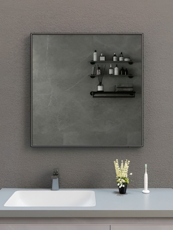 Зеркало в ванную с подсветкой Esbano ES-3803TDB 80x80 см для ванной профиль черный матовый квадратное, с инфракрасным выключателем, со встроенной LED подсветкой с регулировкой яркости, холодный свет, подогрев полотна