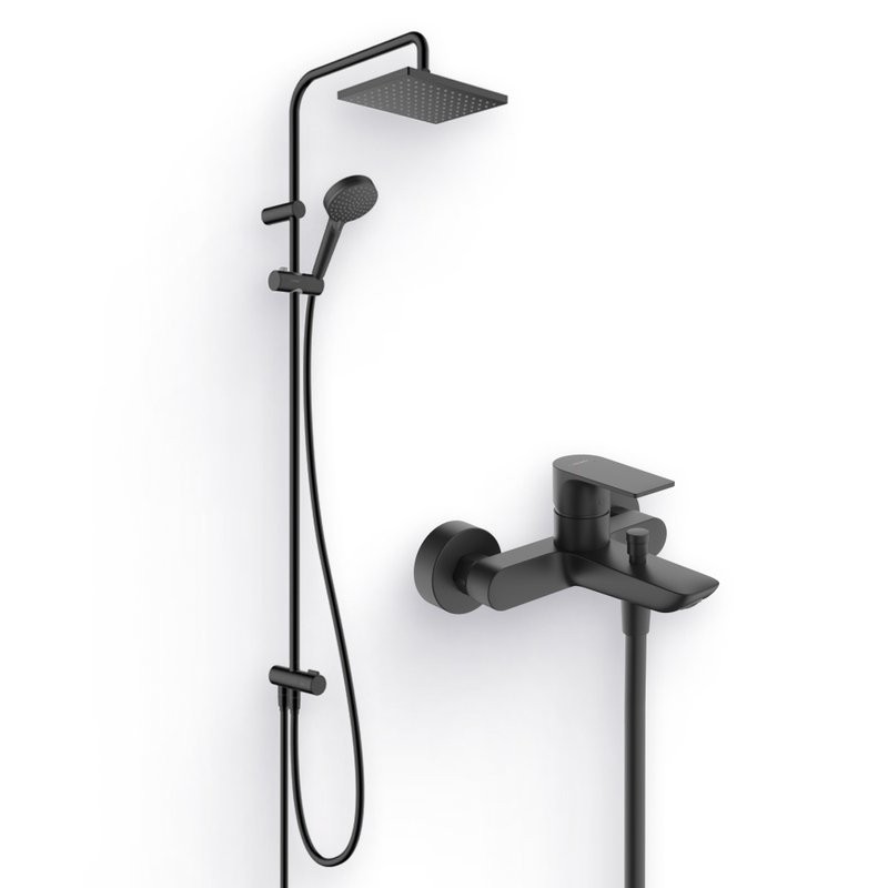 Душевой комплект Смеситель Hansgrohe Rebris E 72450670 черный матовый + Стойка Vernis Shape 26289670 Showerpipe 230 1jet Reno EcoSmart, черный