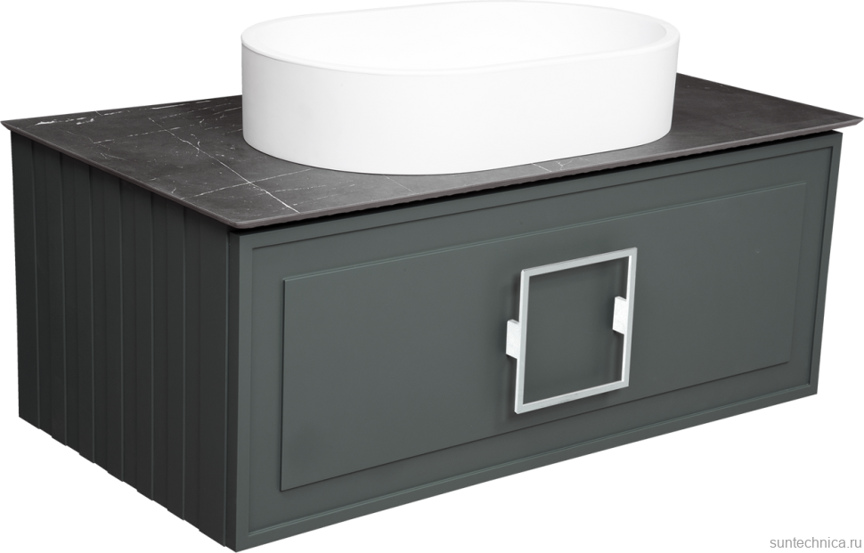 Тумба с раковиной La Fenice Cubo 90 подвесная, grigio, ручка белая, столешница черный мрамор, раковина белая матовая