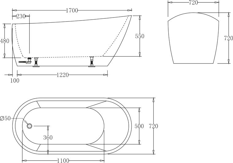 Акриловая ванна BelBagno BB62-1700-W0 170x70 см, отдельностоящая, белая, овальная, на ножках, с донным клапаном