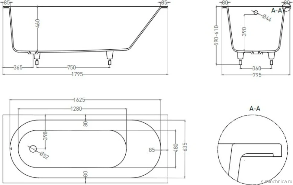 Ванна из искусственного камня Salini Ornella S-Sense 180x80 см, встраиваемая, белая, на ножках