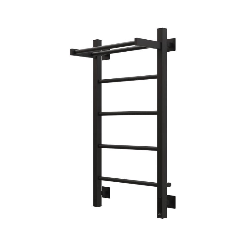 Полотенцесушитель электрический Grota App 430х800 RAL9005 EL 80x45 см, подключение справа, слева, скрытое подключение справа, матовый черный, лесенка, из стали, с полкой