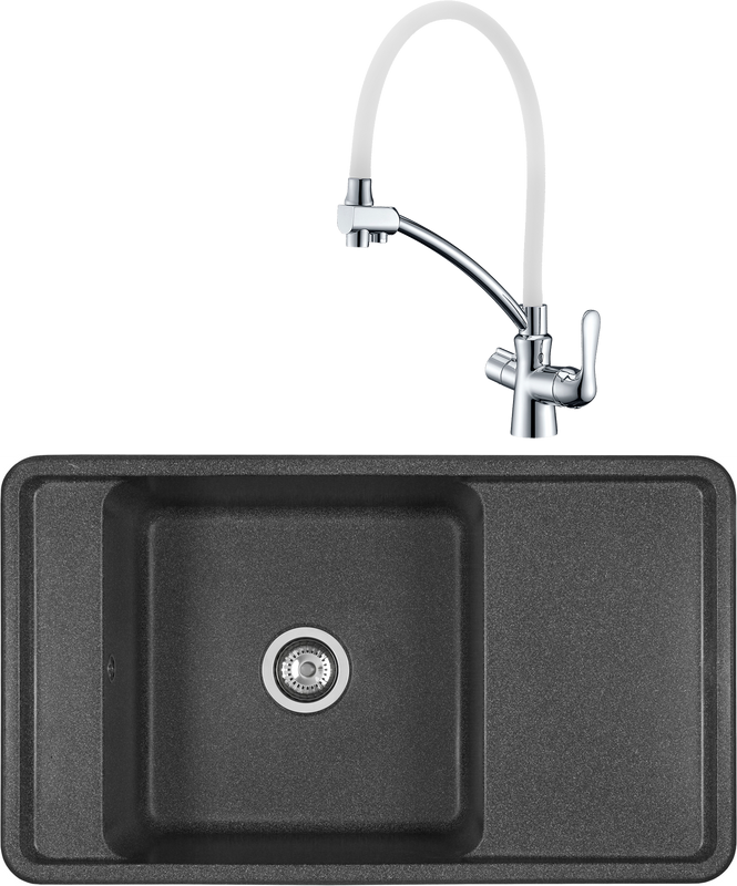 Комплект Мойка кухонная AQUATON Беллис 87 графит + Смеситель Lemark Comfort LM3070C-White с гибким изливом, хром, белый