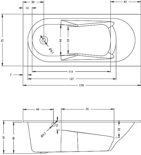 Акриловая ванна Riho Bathtubs Lazy L 170x75 см, левая, пристенная, eurowhite, на ножках
