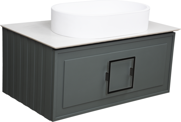 Тумба с раковиной La Fenice Cubo 80 подвесная, grigio, ручка черная, столешница белый мрамор, раковина белая матовая