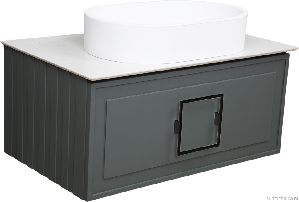 Тумба с раковиной La Fenice Cubo 80 подвесная, grigio, ручка черная, столешница белый мрамор, раковина белая матовая