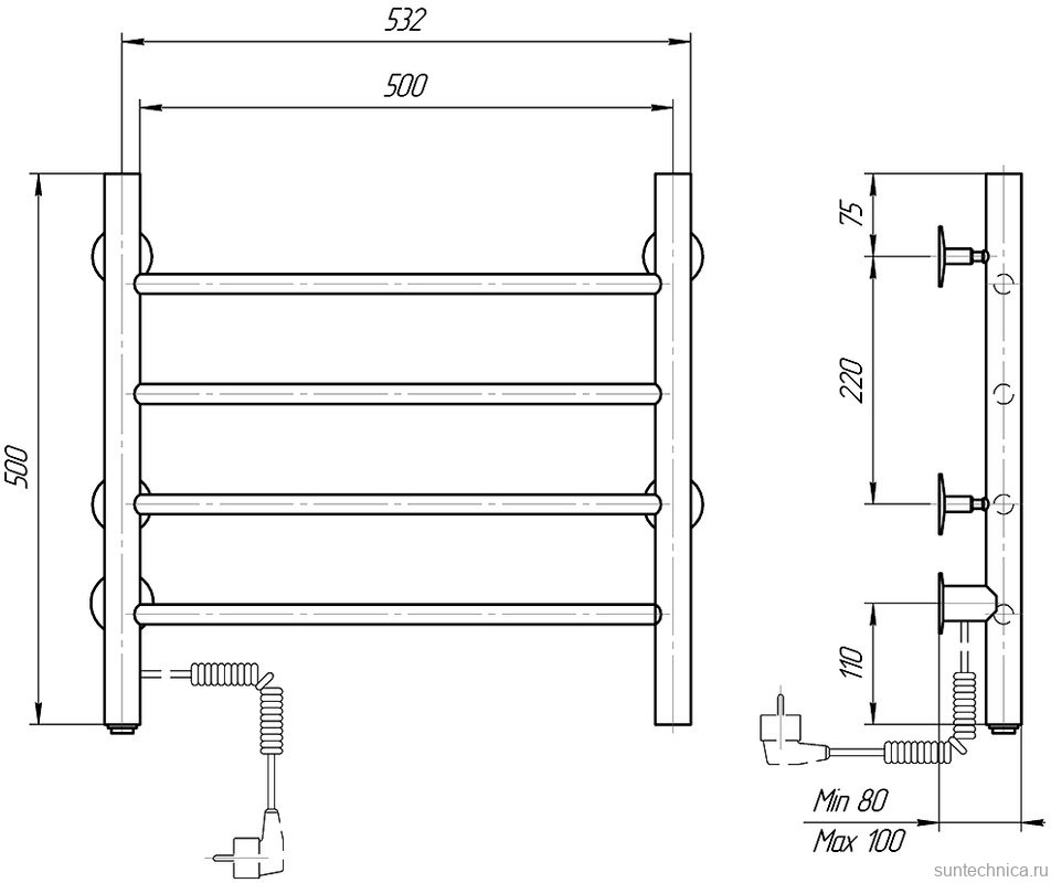 Полотенцесушитель электрический Domoterm Классик DMT 109-4 50x50, черный, L