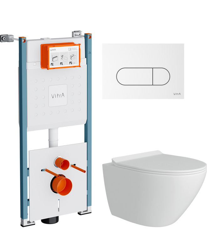 Комплект Унитаз подвесной Teymi Lina Pro T40106 с микрофлитом, безободковый, белый + Инсталляция VitrA V-Fix Core 732-5800-01PV + Кнопка Root Round 740-2200 белая глянцевая