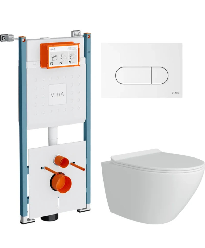 Комплект Унитаз подвесной Teymi Lina Pro T40106 с микрофлитом, безободковый, белый + Инсталляция VitrA V-Fix Core 732-5800-01PV + Кнопка Root Round 740-2200 белая глянцевая