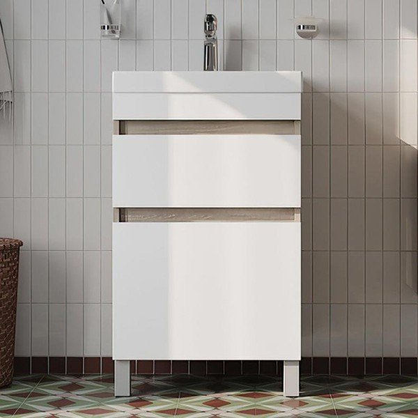 Тумба с раковиной IDDIS Zodiac 50 напольная, с ящиками, белая, ясень-шимо