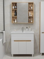 Мебель для ванной комнаты SanStar Модена 80 напольная, глянцевая белая, дуб вотан, раковина Миранда 80
