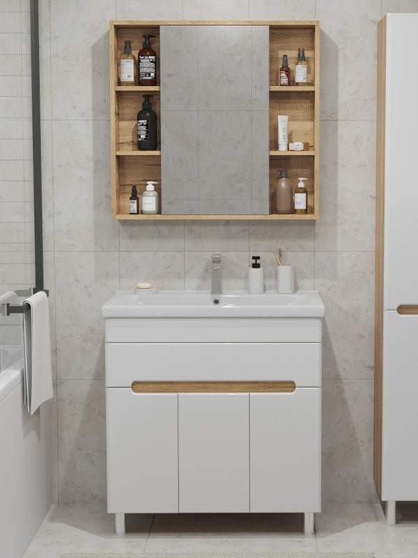 Мебель для ванной комнаты SanStar Модена 80 напольная, глянцевая белая, дуб вотан, раковина Миранда 80