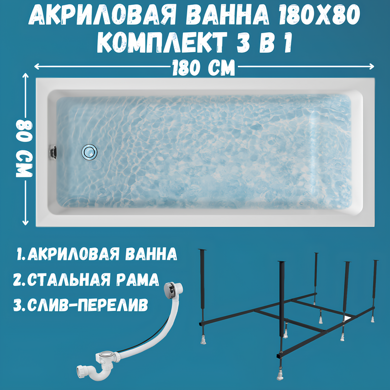 Акриловая ванна 1MarKa Bianca Стандарт 2 180x80 см, встраиваемая, белая, с каркасом, со сливом-переливом