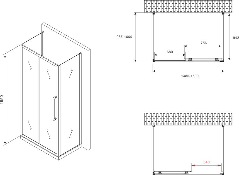 Душевой уголок Abber Schwarzer Diamant AG30150BMH-S100BM-S100BM 150x100, профиль черный, стекло матовое