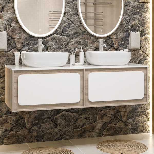 Тумба с раковиной Misty Дубль 150 дуб галифакс белый, белая