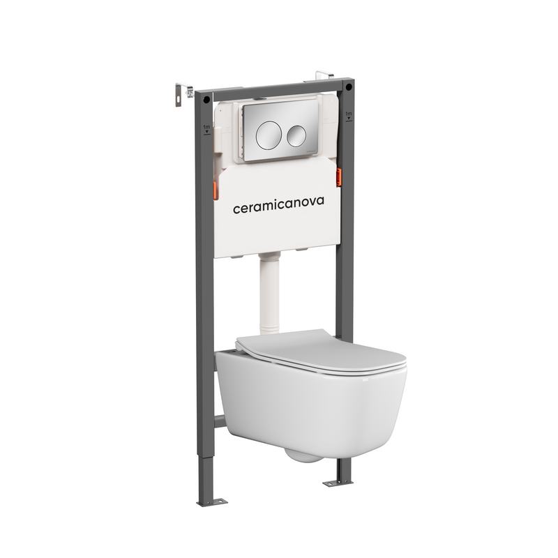 Комплект Ceramicanova Унитаз подвесной New Day CN3005 безободковый, с микролифтом + Инсталляция Balance CN121001CH с кнопкой Circle глянцевый хром
