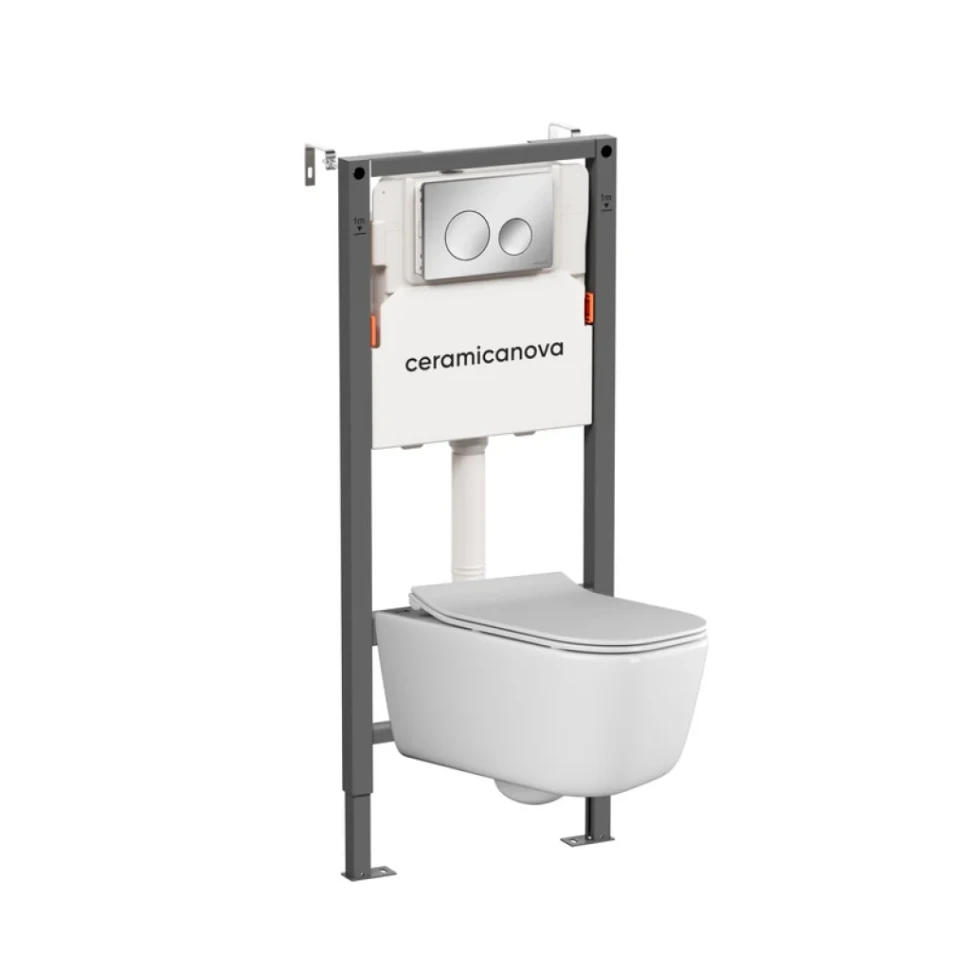 Комплект Ceramicanova Унитаз подвесной New Day CN3005 безободковый, с микролифтом + Инсталляция Balance CN121001CH с кнопкой Circle глянцевый хром
