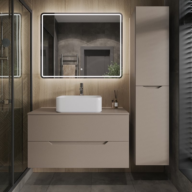 Мебель для ванной комнаты Orange Line 100 подвесная, 2 ящика, матовый латте с раковиной B02-460W