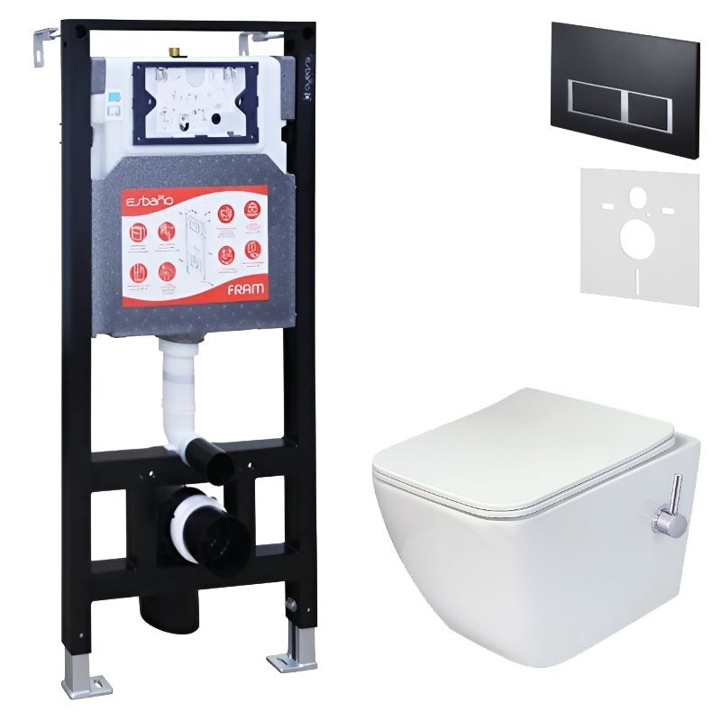 Комплект 3 в 1 Унитаз подвесной Esbano ESWBLEONWN + Инсталляция Fram + Кнопка ESINPRK12MB цвет матовый черный