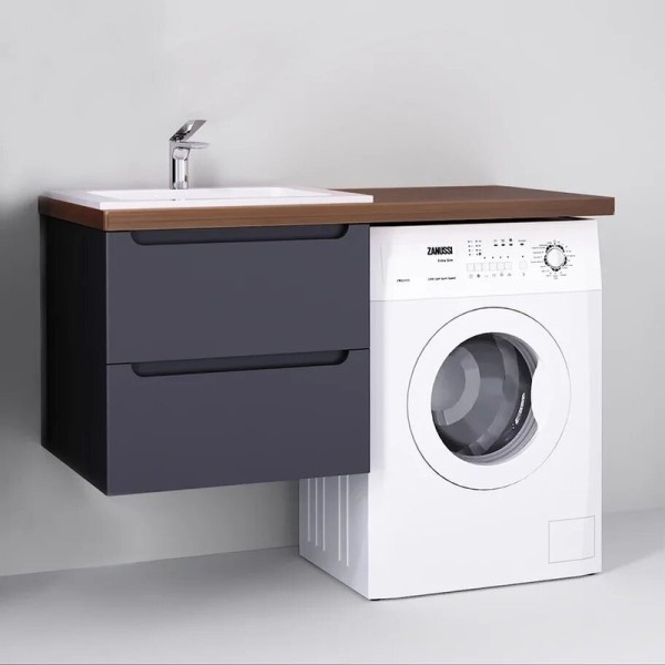 Тумба под раковину со столешницей Jorno Wood 120 под стиральную машину, серая