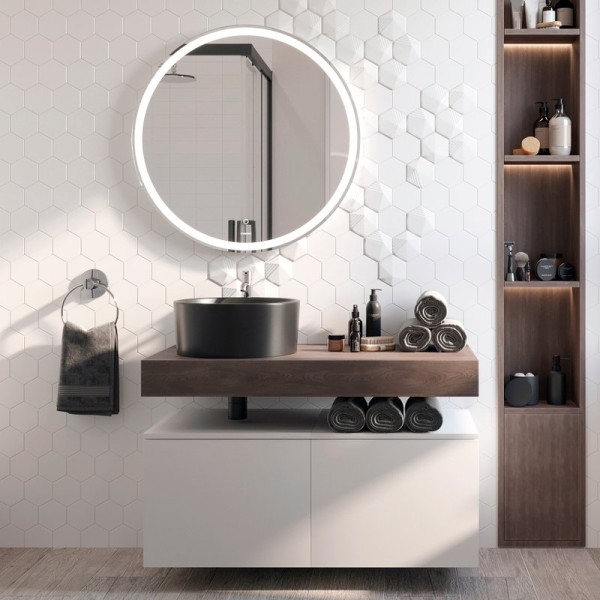 Мебель для ванной комнаты STWORKI Ольборг 100 столешница дуб карпентер, без отверстий, 2 тумбы 50