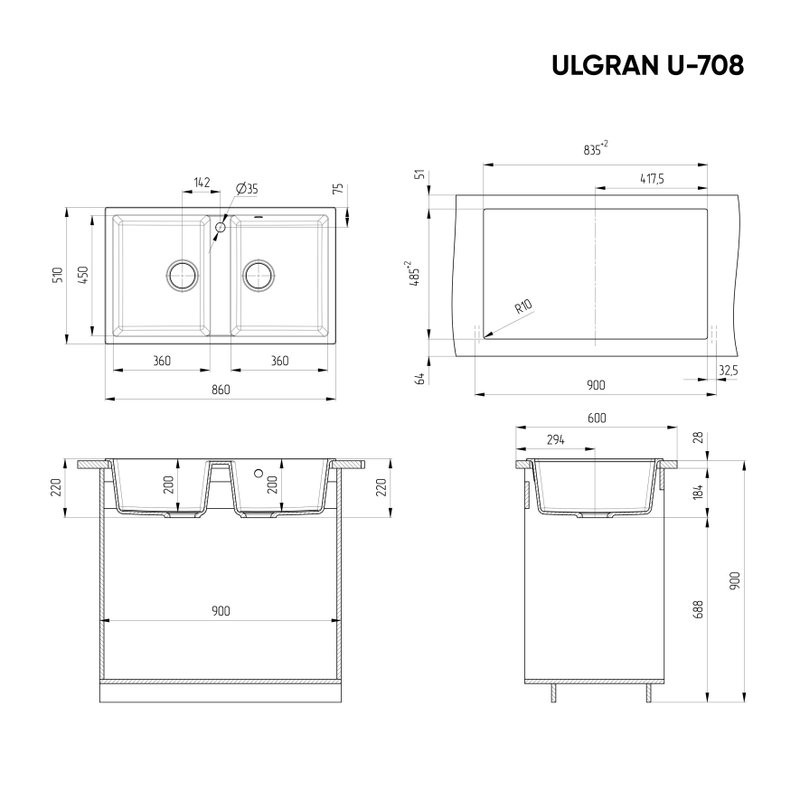 Мойка кухонная Ulgran U-708 343 антрацит + дозатор U-02 антрацит
