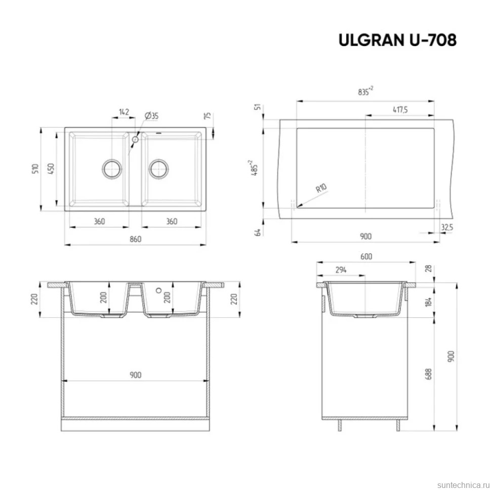Мойка кухонная Ulgran U-708 343 антрацит + дозатор U-02 антрацит