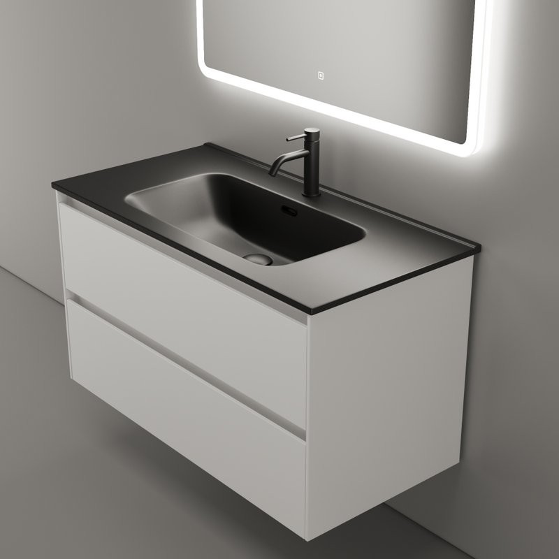 Мебель для ванной комнаты Sancos Cento 90 см белый глянец, черная раковина