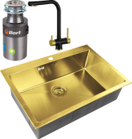 Комплект Мойка Zorg Inox PVD SZR-7551 bronze + Смеситель Sanitary ZR 348 YF BLACK BRONZE + Измельчитель Bort Titan 4000 Plus