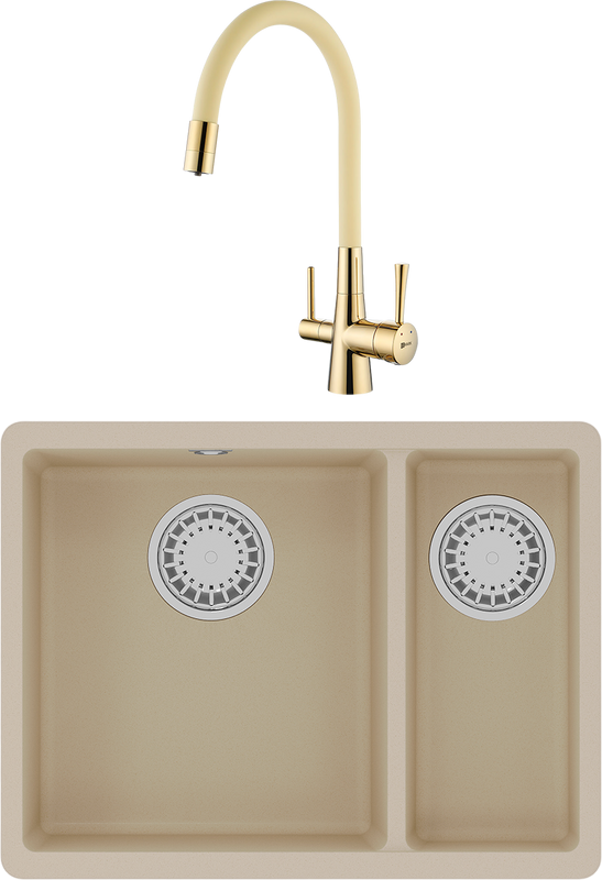 Комплект Мойка Lemark Sinara 550.2-U 9910080 бежевая + Смеситель Comfort LM3075G-Beige с гибким изливом, золото, бежевый