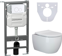 Комплект Унитаз подвесной Ceramicanova Play CN3001 безободковый, с микролифтом + Инсталляция Envision CN1001W + Кнопка Round, белая