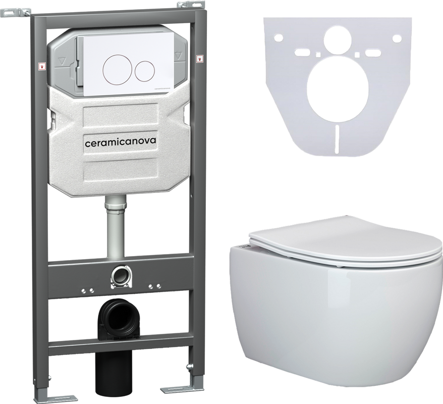 Комплект Унитаз подвесной Ceramicanova Play CN3001 безободковый, с микролифтом + Инсталляция Envision CN1001W + Кнопка Round, белая