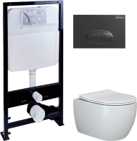Комплект Унитаз подвесной Ceramicanova Play CN3001 с микролифтом, безободковый + Инсталляция EWRIKA ProLT 0026-2020 + Кнопка 0054 черная матовая