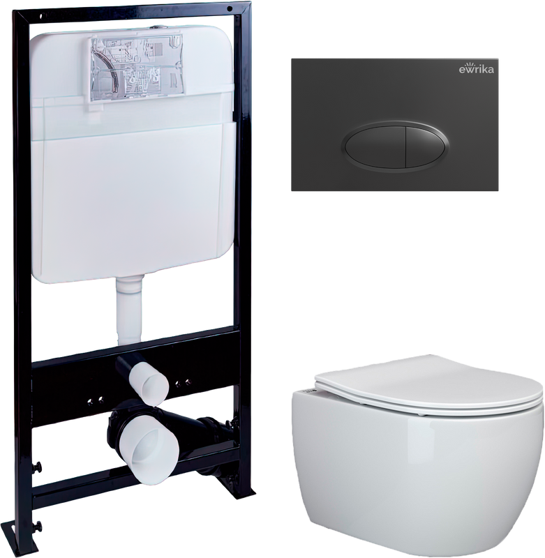 Комплект Унитаз подвесной Ceramicanova Play CN3001 с микролифтом, безободковый + Инсталляция EWRIKA ProLT 0026-2020 + Кнопка 0054 черная матовая