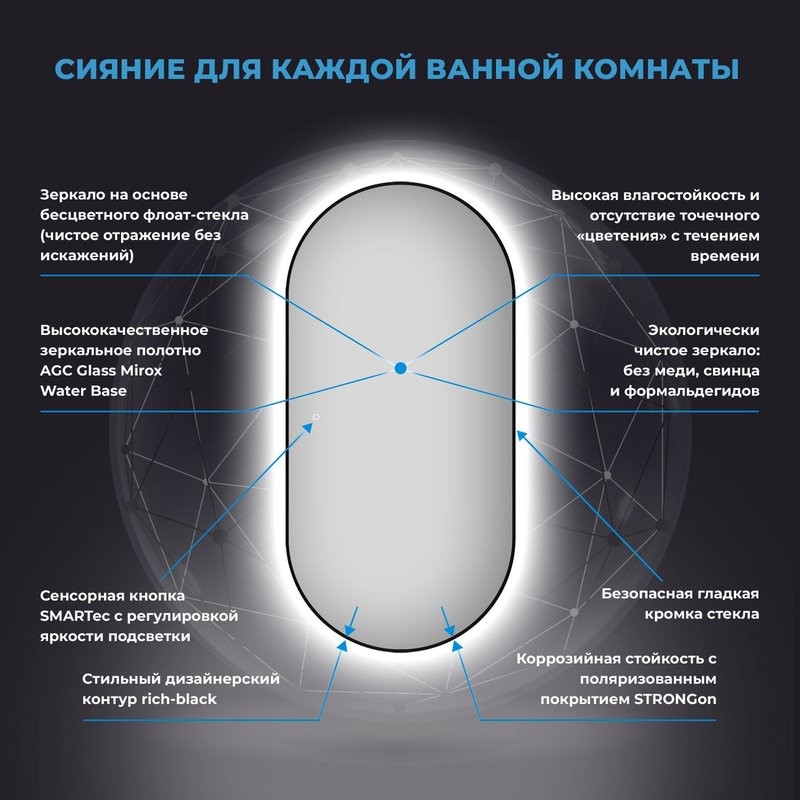 Зеркало Wellsee 7 Rays’ Spectrum 55х100 с подсветкой, черное матовое
