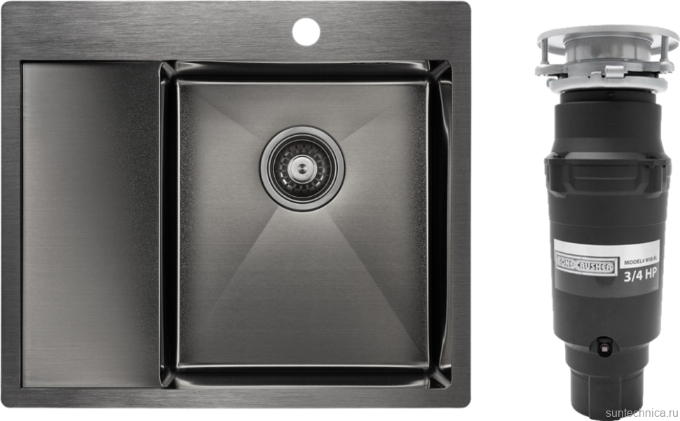 Комплект Мойка Paulmark Kroner PM225951-GMR вороненая сталь R + Измельчитель Bone Crusher BC 910-SL-Slim Line