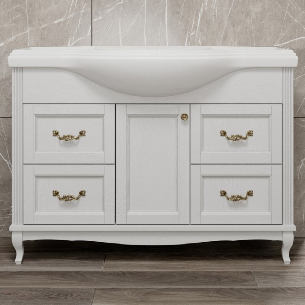 Тумба с раковиной ValenHouse Эллина 120 белая, 4 ящика, 1 дверца, ручки бронза