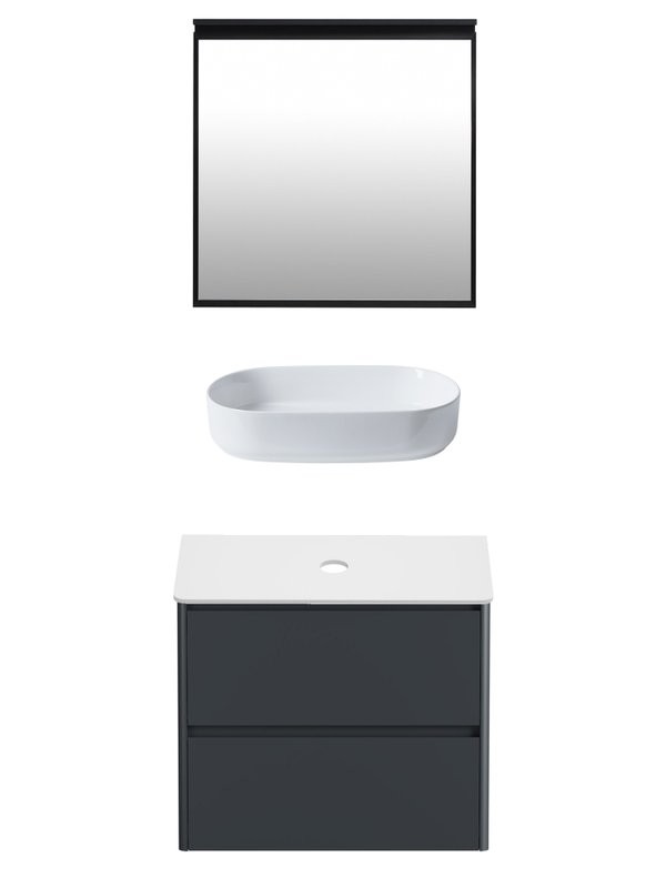 Мебель для ванной комнаты Allen Brau Gravity 80 2 ящика, матовый антрацит, столешница белая, раковина Fantasy Oval 55, белая