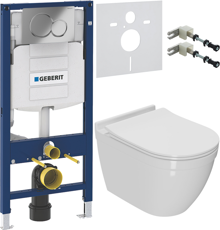 Комплект Унитаз подвесной Bauedge Bau Mif PRO безободковый, с микролифтом, белый + Крепления Geberit Duofix 111.815.00.1 к стене + Звукоизоляция + Инсталляция UP 320 111.300.00.5 + Кнопка Sigma 01 115.770.21.5 хром