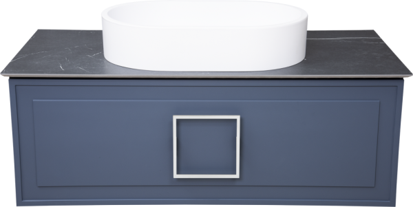 Тумба с раковиной La Fenice Cubo 100 подвесная, blu grigio, ручка белая, столешница черный мрамор, раковина белая матовая