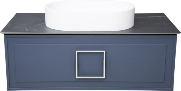 Тумба с раковиной La Fenice Cubo 100 подвесная, blu grigio, ручка белая, столешница черный мрамор, раковина белая матовая