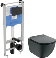 Комплект Унитаз подвесной Ideal Standard IdealMood T4665V3 безободковый, с микролифтом, матовый черный + Инсталляция ProSys R0308A6 с кнопкой смыва черной матовой