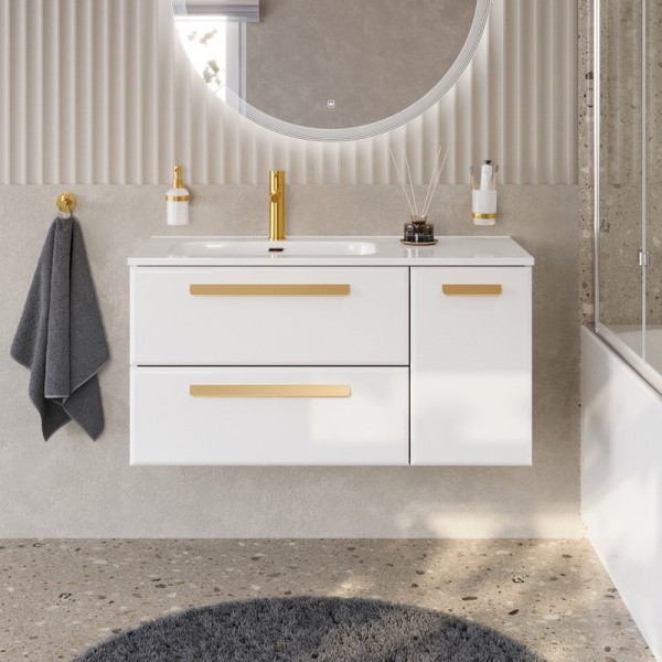 Тумба под раковину без столешницы Cezares Eco Cer-N 100 L 2 ящика, 1 дверца, bianco lucido, ручки сатиновое золото