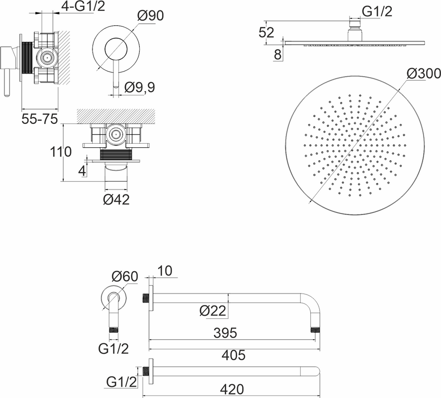 Душевой комплект WHITECROSS Y YSET01BL С ВНУТРЕННЕЙ ЧАСТЬЮ, черный