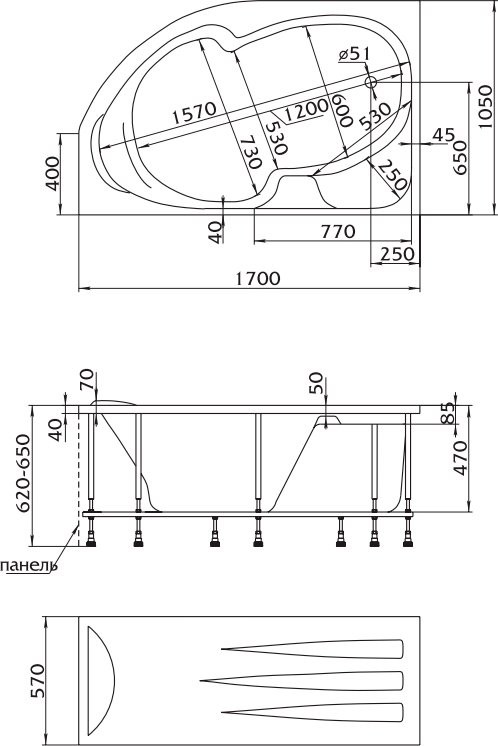 Акриловая ванна 1MarKa Diana R 170x105 см, угловая, правая, пристенная, белая, асимметричная, с каркасом