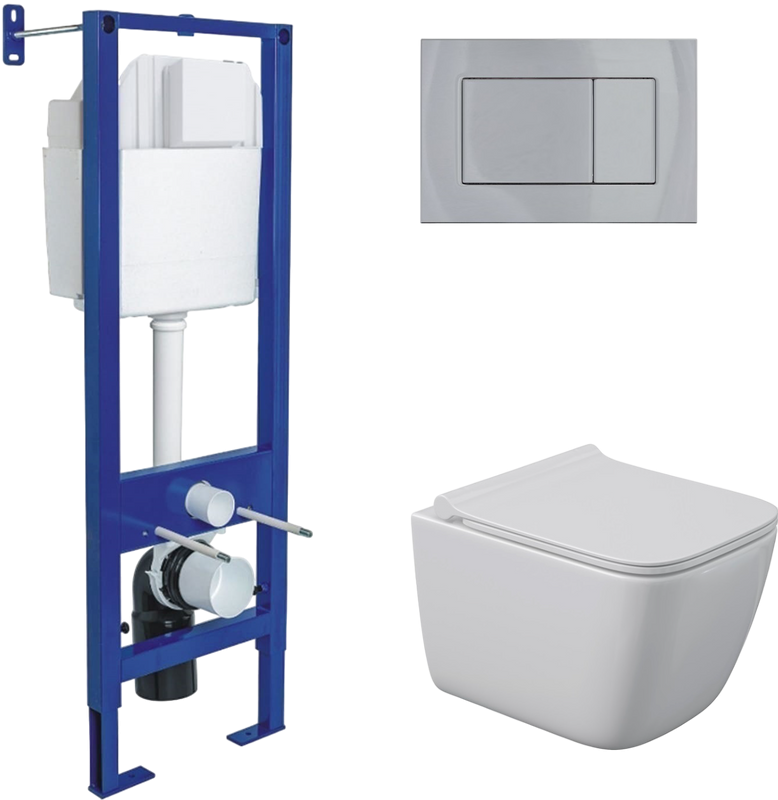 Комплект Berges Atom Quattro S Rimless крышка-сиденье с микролифтом, кнопка смыва глянцевый хром