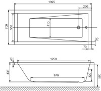Акриловая ванна WHITECROSS Wave 140x70 см, пристенная, белый глянец, на ножках