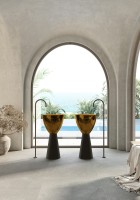 Раковина напольная Abber Kristall AT2703Black-Vesuvian 45 глянцевая оливковая, матовая черная, круглая, моноблок