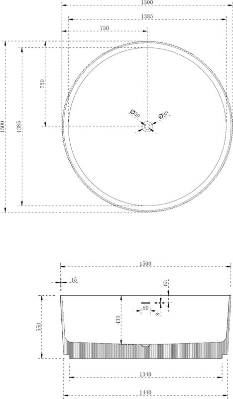Ванна из искусственного камня Abber Stein AS9679 150x150 см, отдельностоящая, матовая белая, круглая, на ножках, с донным клапаном, фурнитура белая